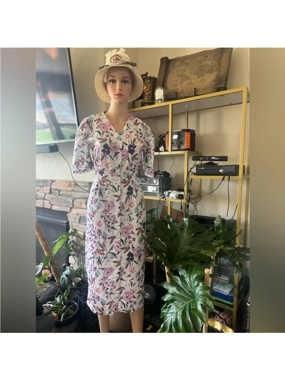 V-Neck Floral Midi Dress in Pink and White